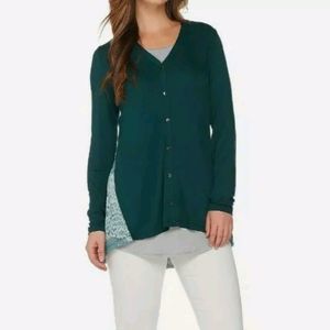 LOGO Lori Goldstein Lace Back Cardigan Tank Twinset Deep Emerald Green XXS